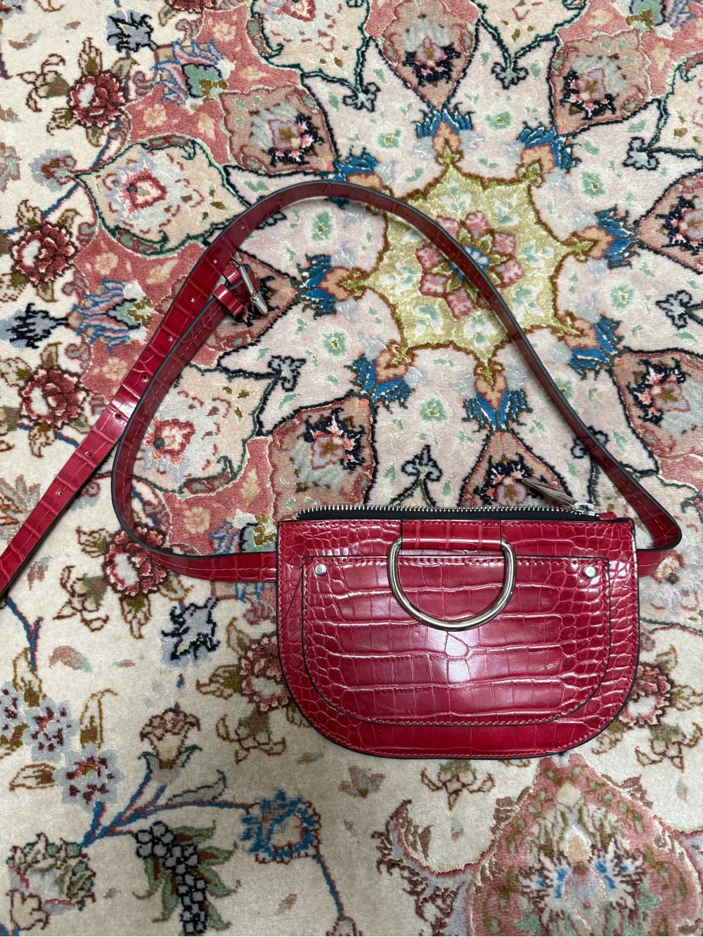 Zara Red Croc-Embossed Crossbody Bag with Silver Ring